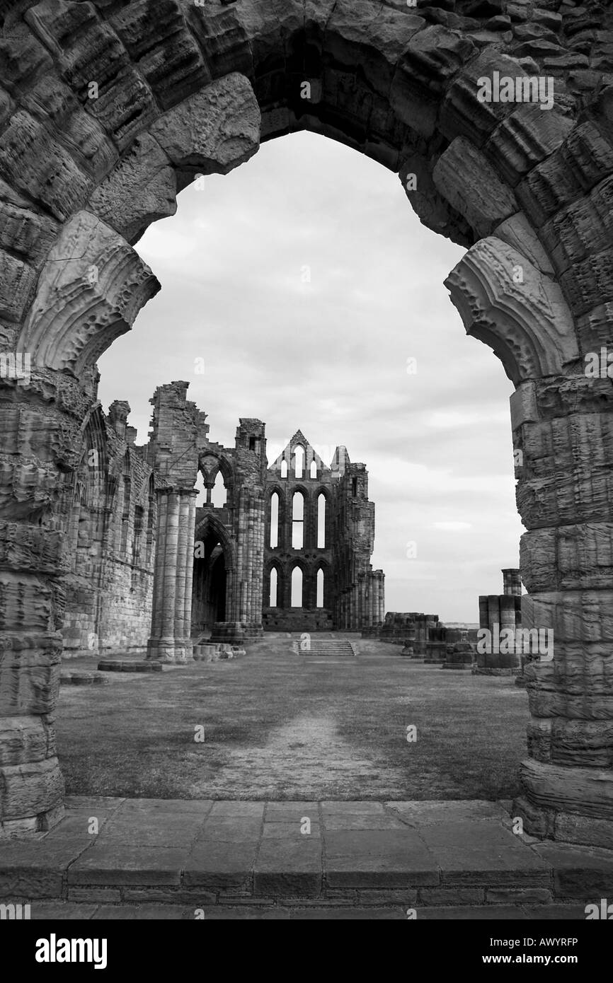 A view of the ruined Whitby Abbey, which overlooks the North Yorkshire seaside town of Whitby Stock Photo