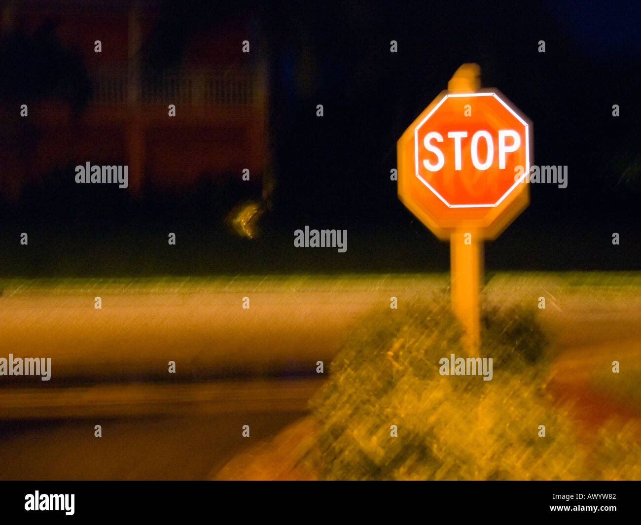 Blurred stop sign Fort Myers Florida during Hurricane Wilma Stock Photo