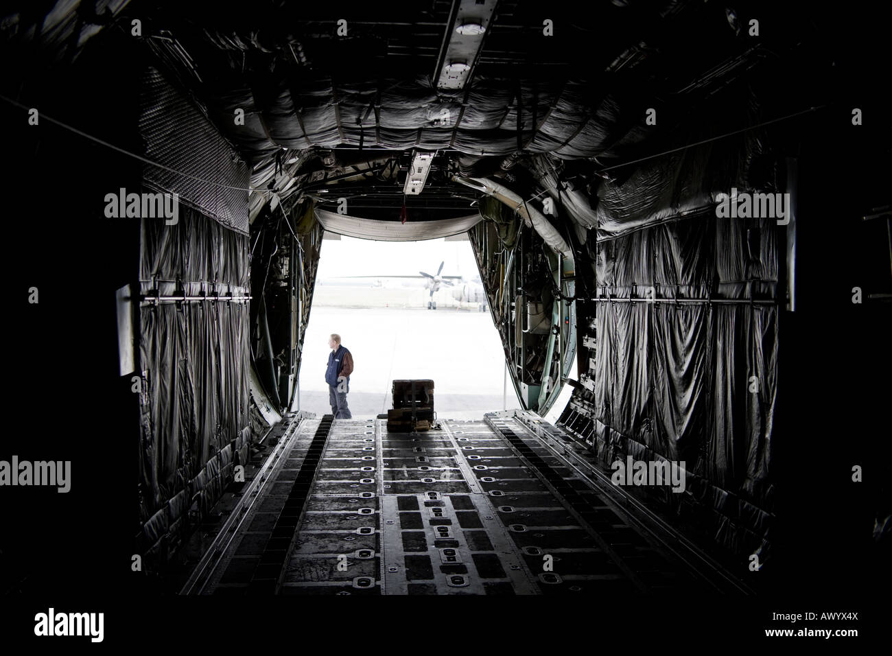 inside of a military transport aircraft Stock Photo