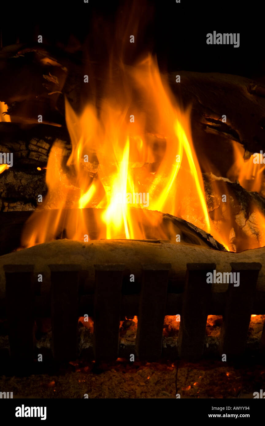 Fire burning in a cast iron fireplace Stock Photo Alamy