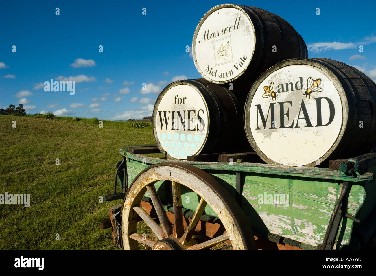 Wagon with old wine barrels at Maxwell's winery in McLaren Vale Stock Photo