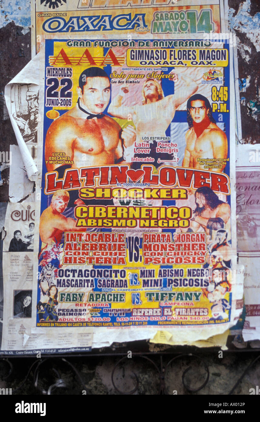 Mexican wrestling poster glued to a building wall in  Oaxaca, Mexico Stock Photo