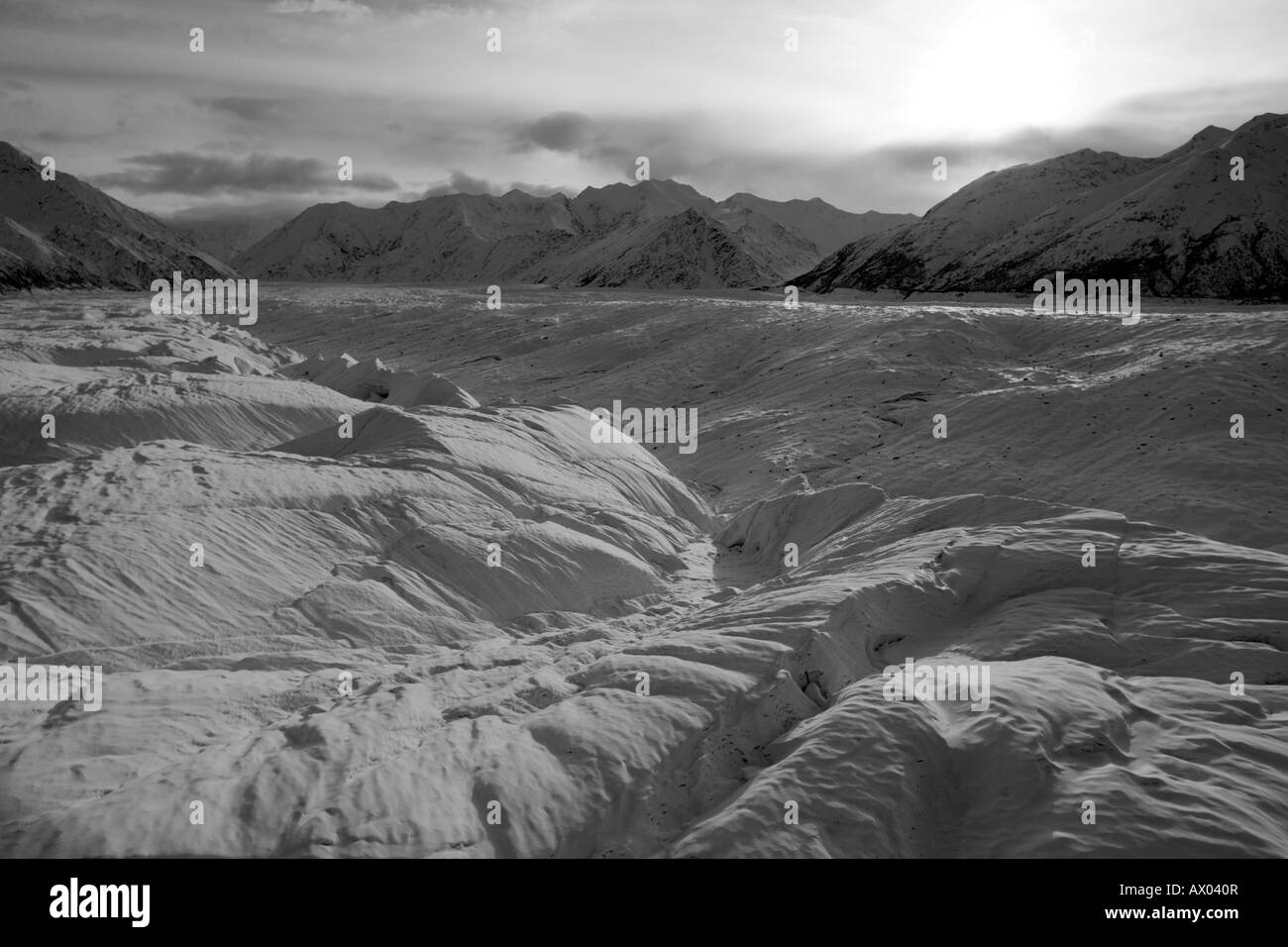 USA Alaska Chugach State Park Aerial view of Matanuska Glacier and Chugach Range peaks in early winter Stock Photo