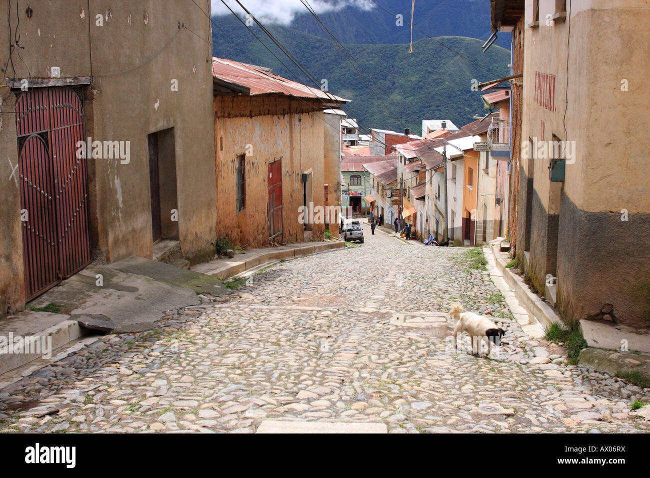 An empty cobblestone street in the Andean town of Coroico, Bolivia. Stock Photo
