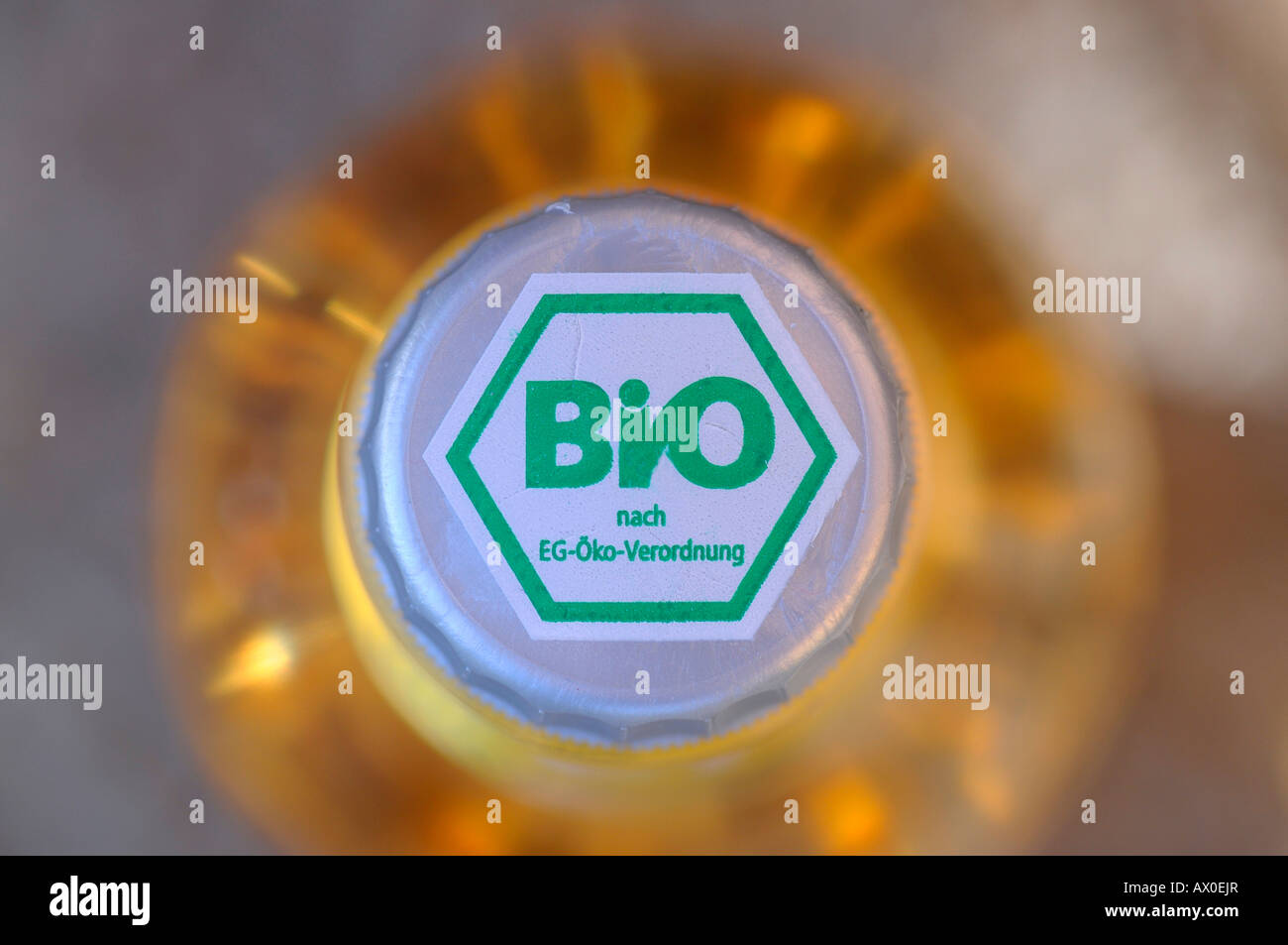 'Bio' symbol for organic foods on a bottled beverage Stock Photo