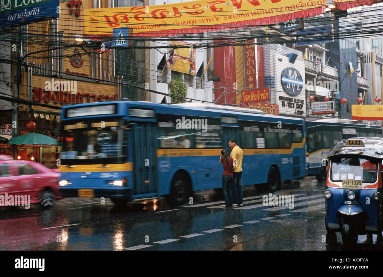 Monsoon rain, Chinatown, Bangkok, Thailand Stock Photo