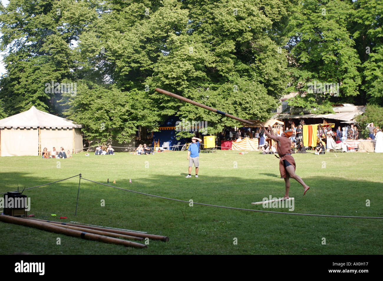Log tossing contest in medieval festival week in Gotland, Sweden Stock Photo