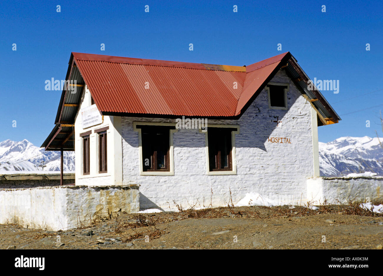 Small hospital in the pilgrimage town of Muktinath, Himalayas, Nepal, Asia Stock Photo