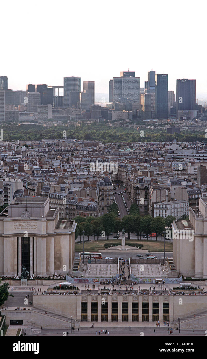 View from the Eiffel Tower across the Palais de Chaillot and rooftops of Paris towards the financial district Paris France Stock Photo