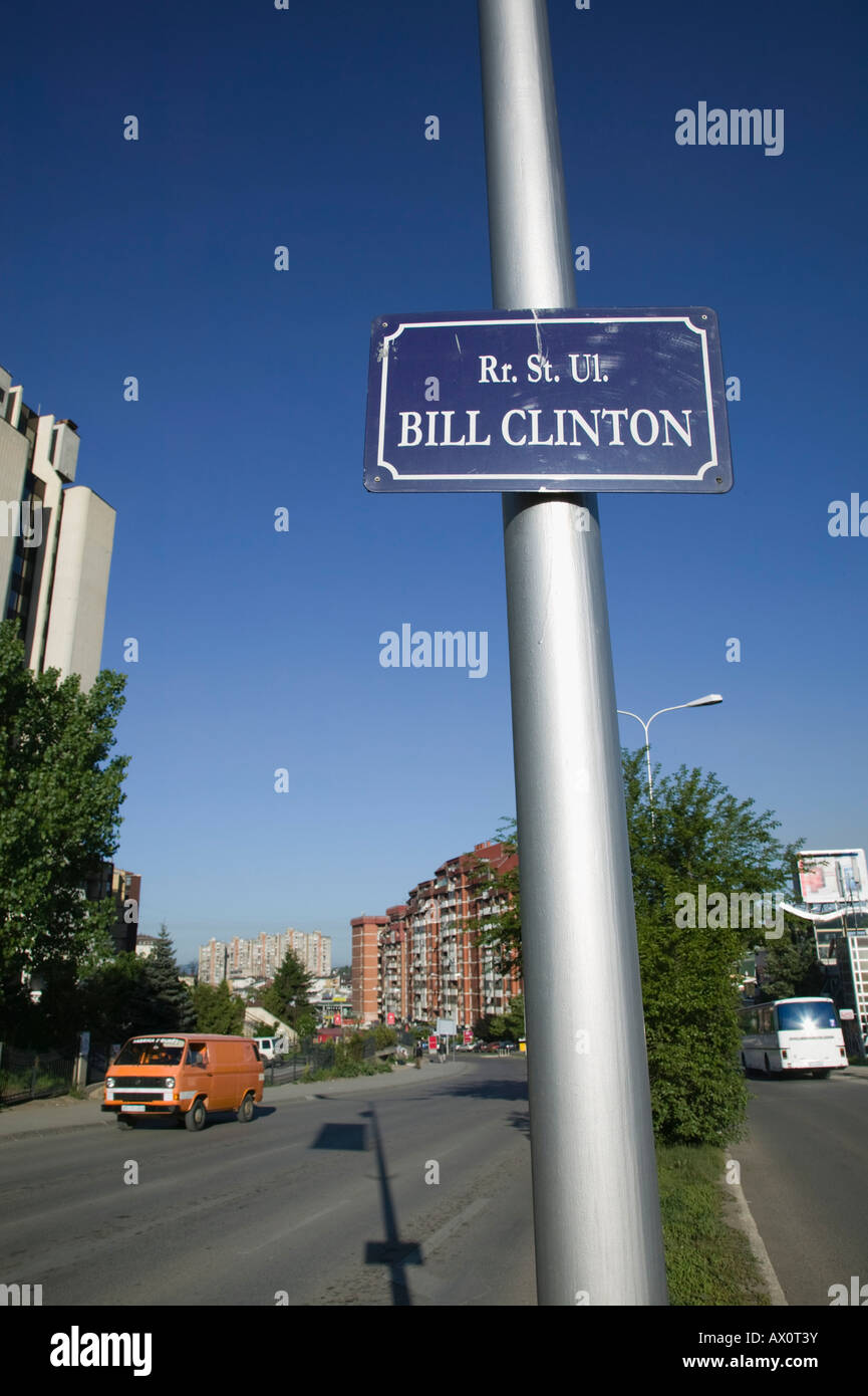 Serbia, Kosovo, Prishtina, Sign for Bill Clinton Street (named after the US President) Stock Photo