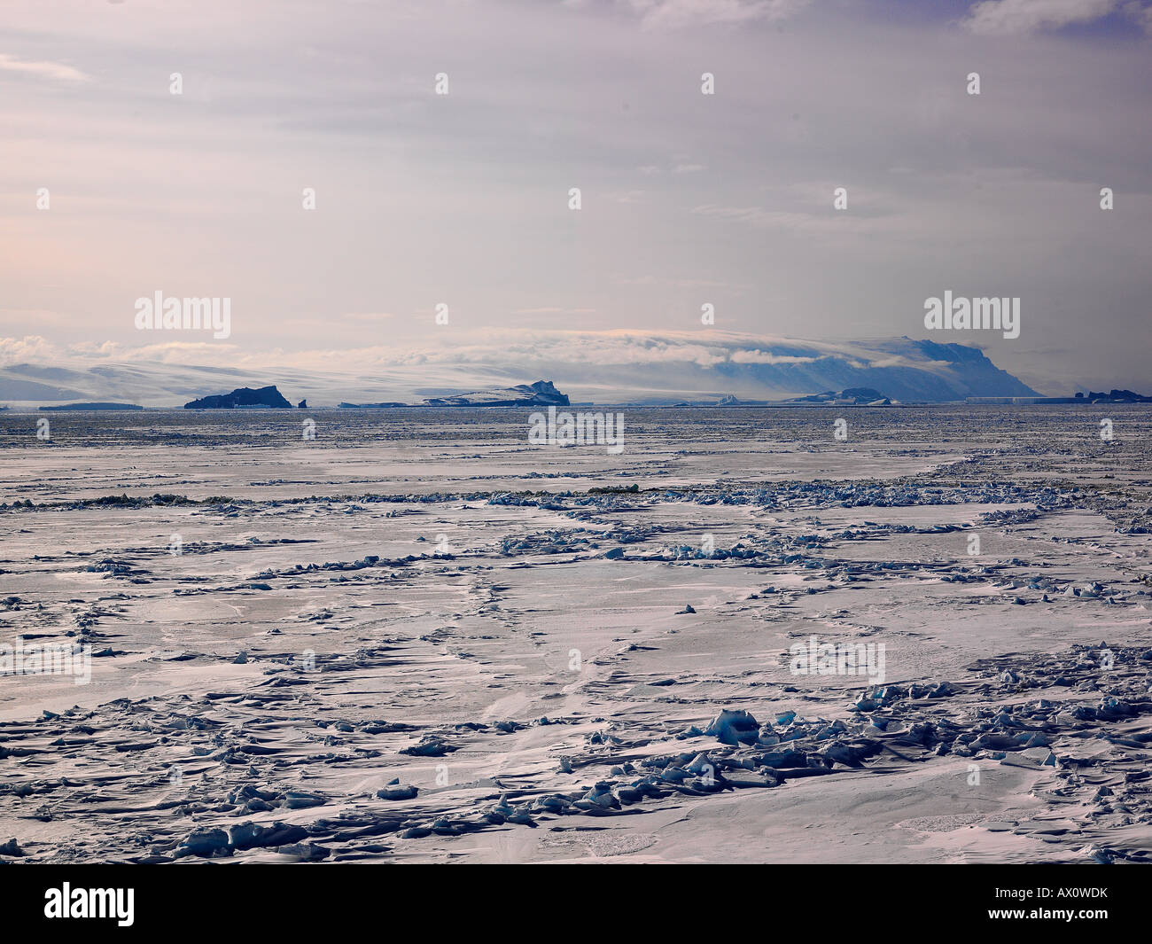 Aboard the Capt. Khlebnikov icebreaker steering through sea ice off the coast of Franklin Island, Antarctica Stock Photo