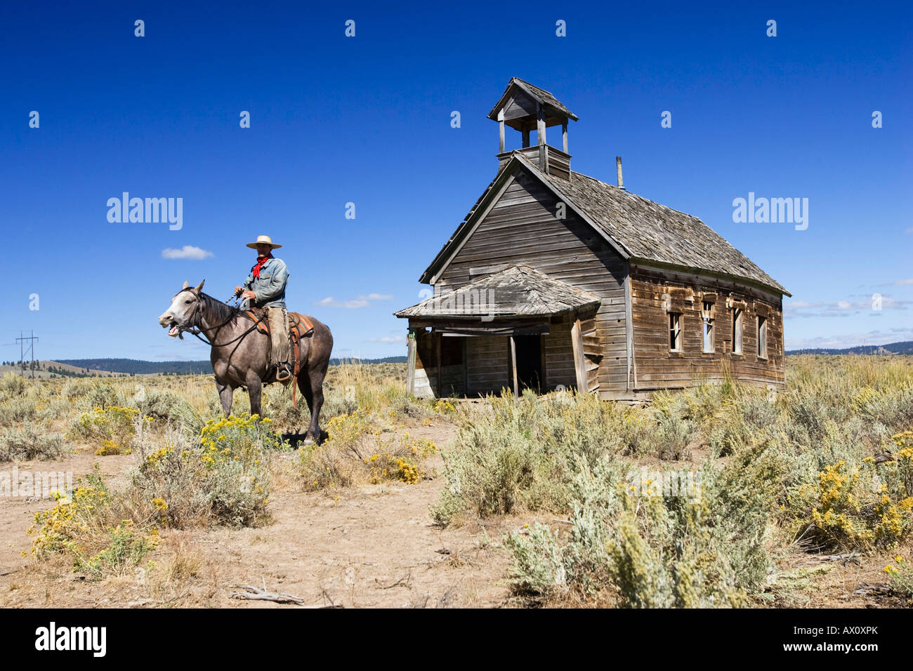 Cowboy on horse at old schoolhouse, wildwest, Oregon, USA Stock Photo