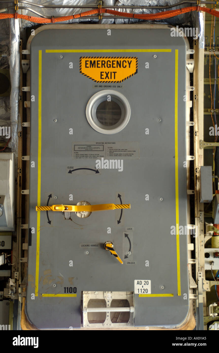 Emergency exit door in cargo military aircraft at Edwards Air Force