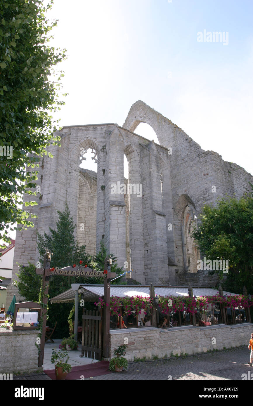 Cafe Rosengarden in front of an old cathedral ruin in Visby in Gotland Sweden Stock Photo