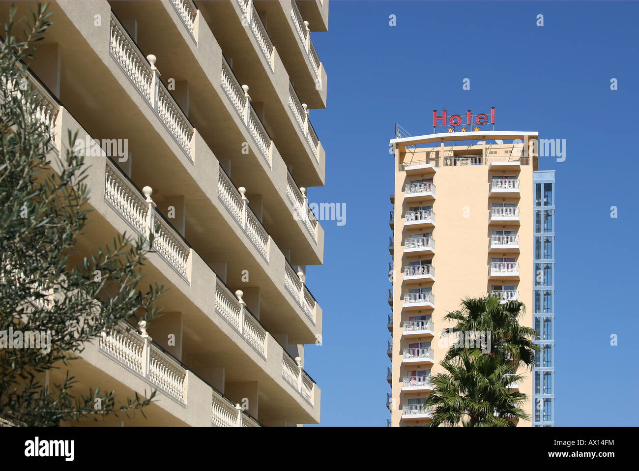 High rise hotels and balconies in Benidorm, Spain. Stock Photo