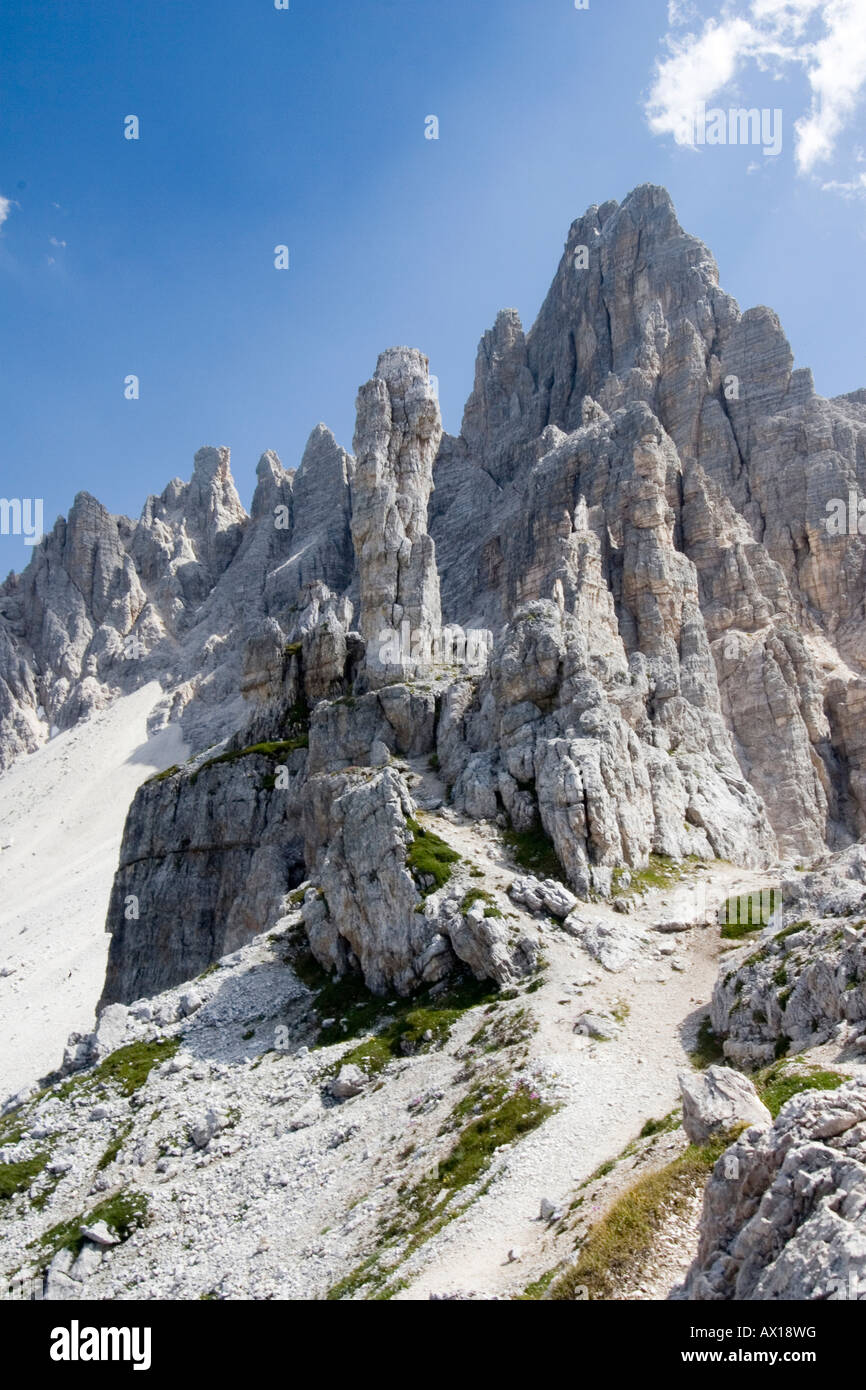 View of the Frankfurter Wuerstchen, rock massif near the Refugio Locatelli, Sexten (Sesto) Dolomites, Italy, Europe Stock Photo