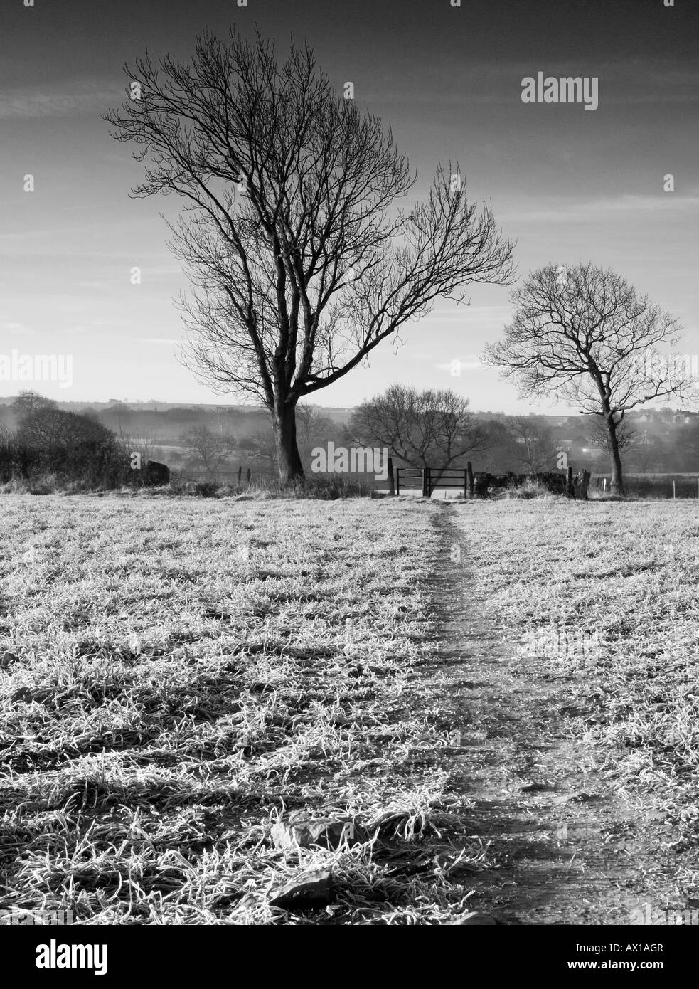 Footpath leading to a stile on a frosty morning Stock Photo