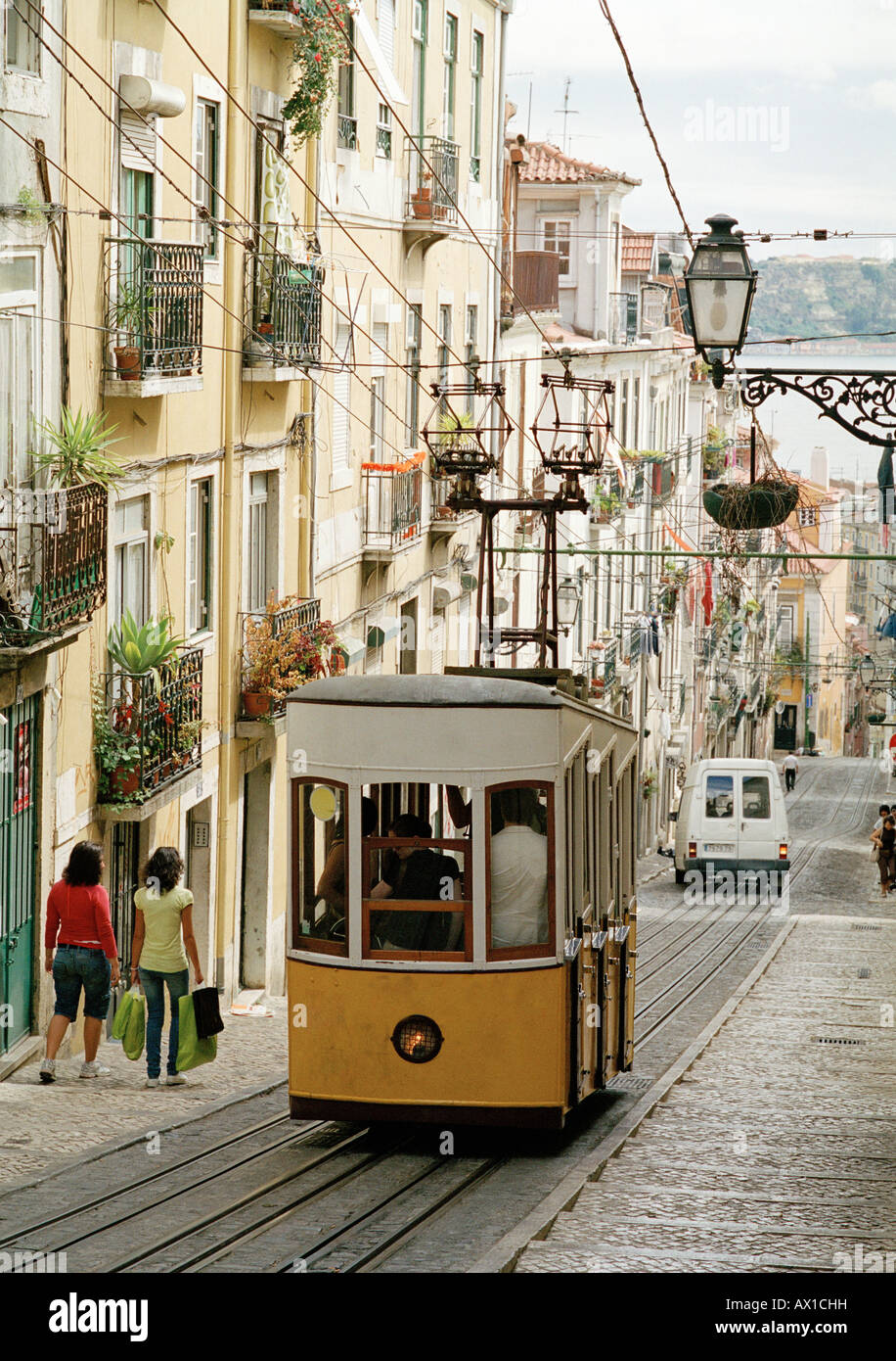 A tram on a street in Lisbon, Portugal Stock Photo