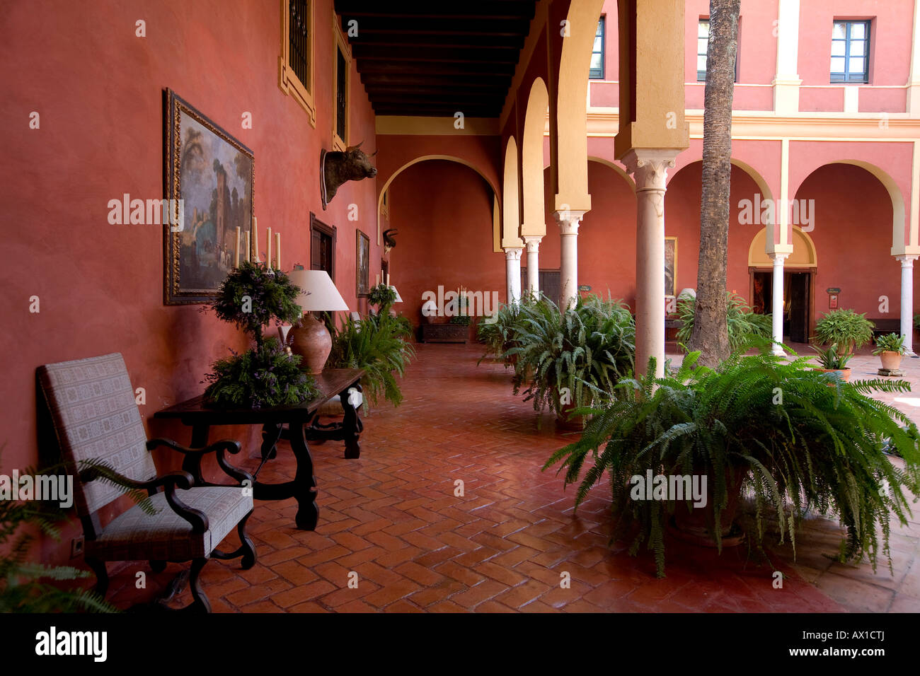Patio, courtyard, Hacienda Benazuza, Elbulli hotel, Sanlucar la Mayor, Province Sevilla, Andalucia, Spain Stock Photo