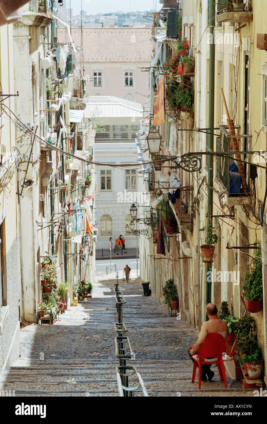 A steep street in Lisbon, Portugal Stock Photo