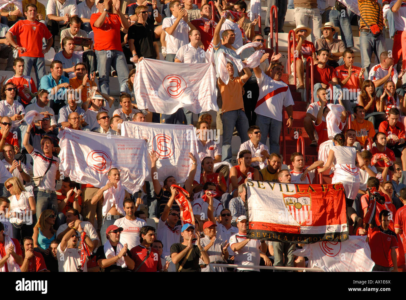 Sevilla FC fans at Ramón Sánchez-Pizjuan stadium, Seville, Andalusia, Spain, Europe Stock Photo