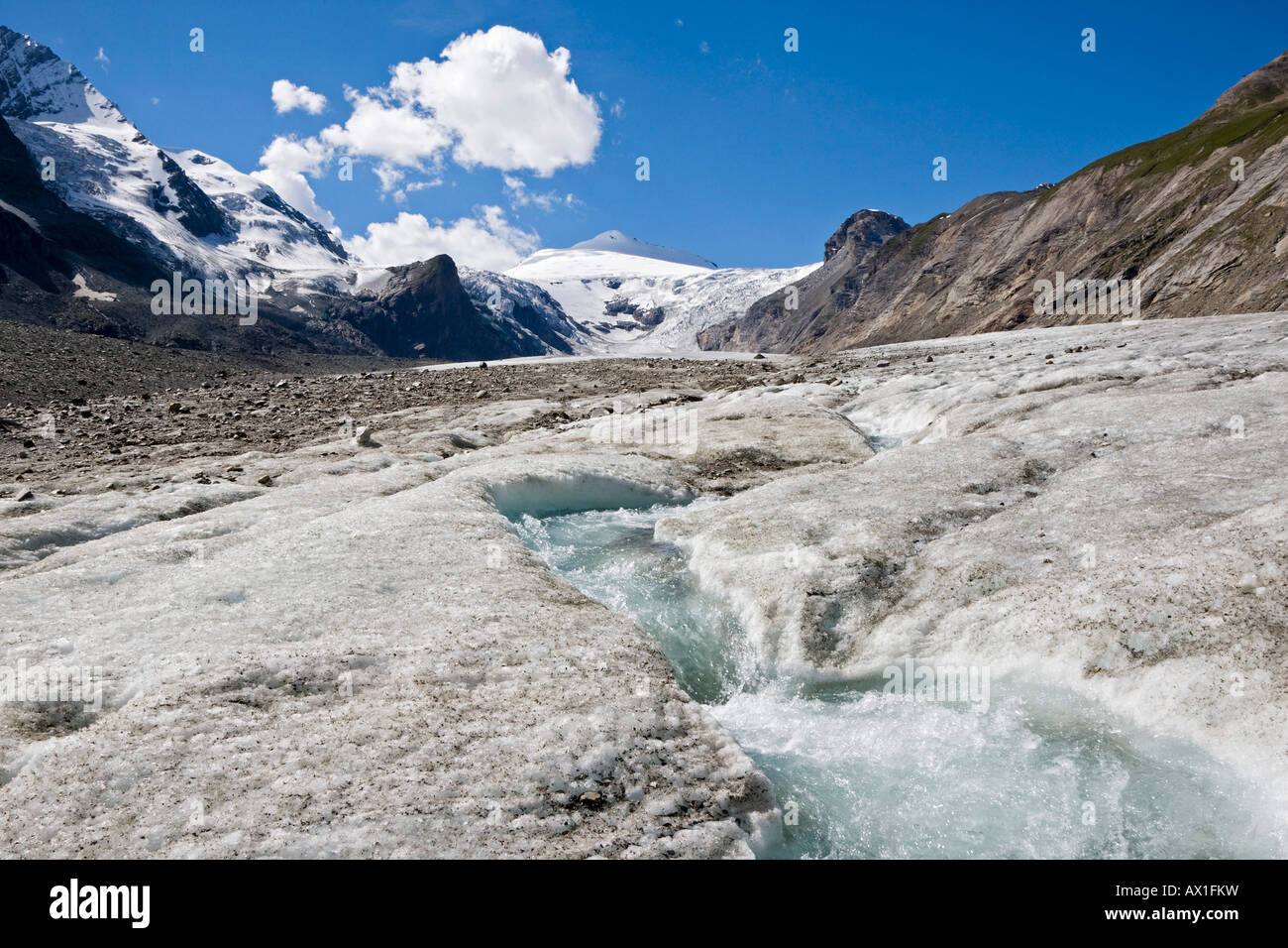 Subglacial stream, englacial streamon at the glacier Pasterze between the Grossglockner mountain group, Johannisberg, national  Stock Photo