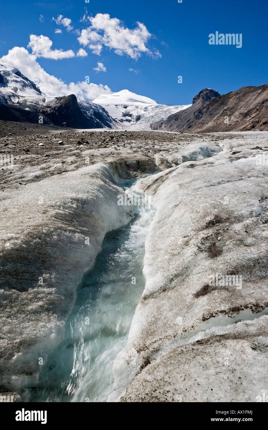 Subglacial stream, englacial streamon at the glacier Pasterze between the Grossglockner mountain group, Johannisberg, national  Stock Photo