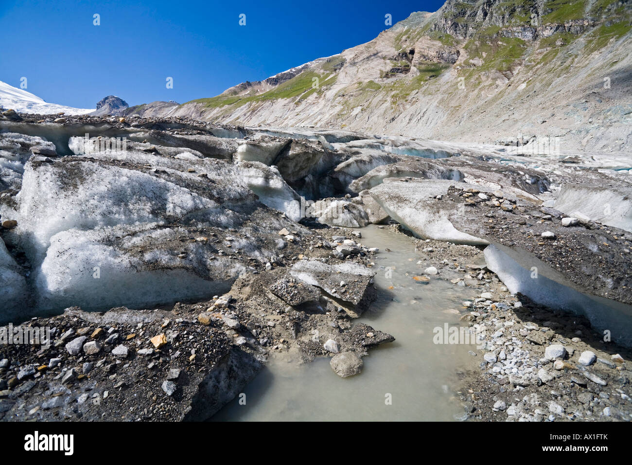 Subglacial stream, englacial streamon from the glacier Pasterze between the Grossglockner mountain group, national park Hohe Ta Stock Photo