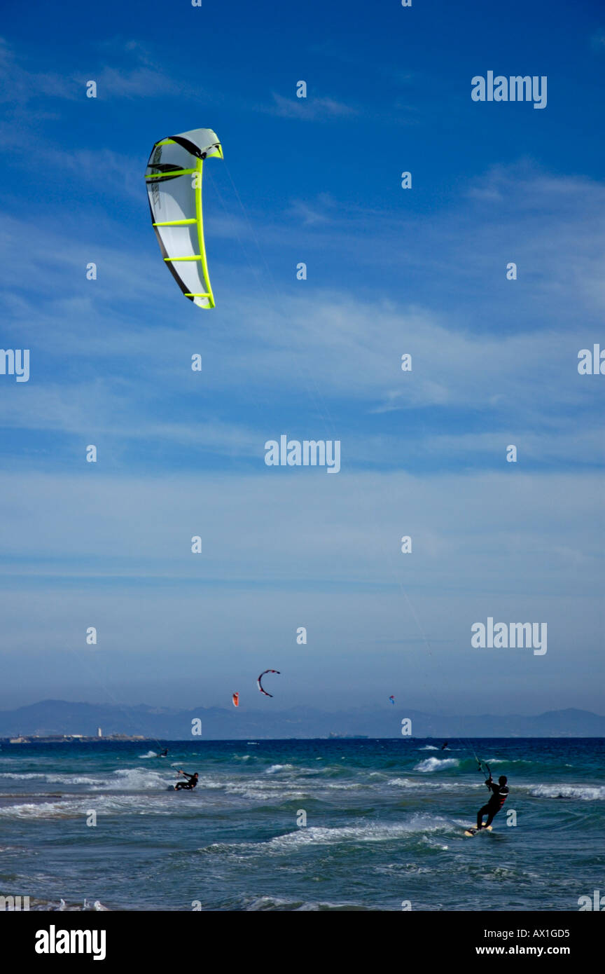 Spain Andalusia Tarifa Kite Surfers On Playa De Los Lances Stock Photo