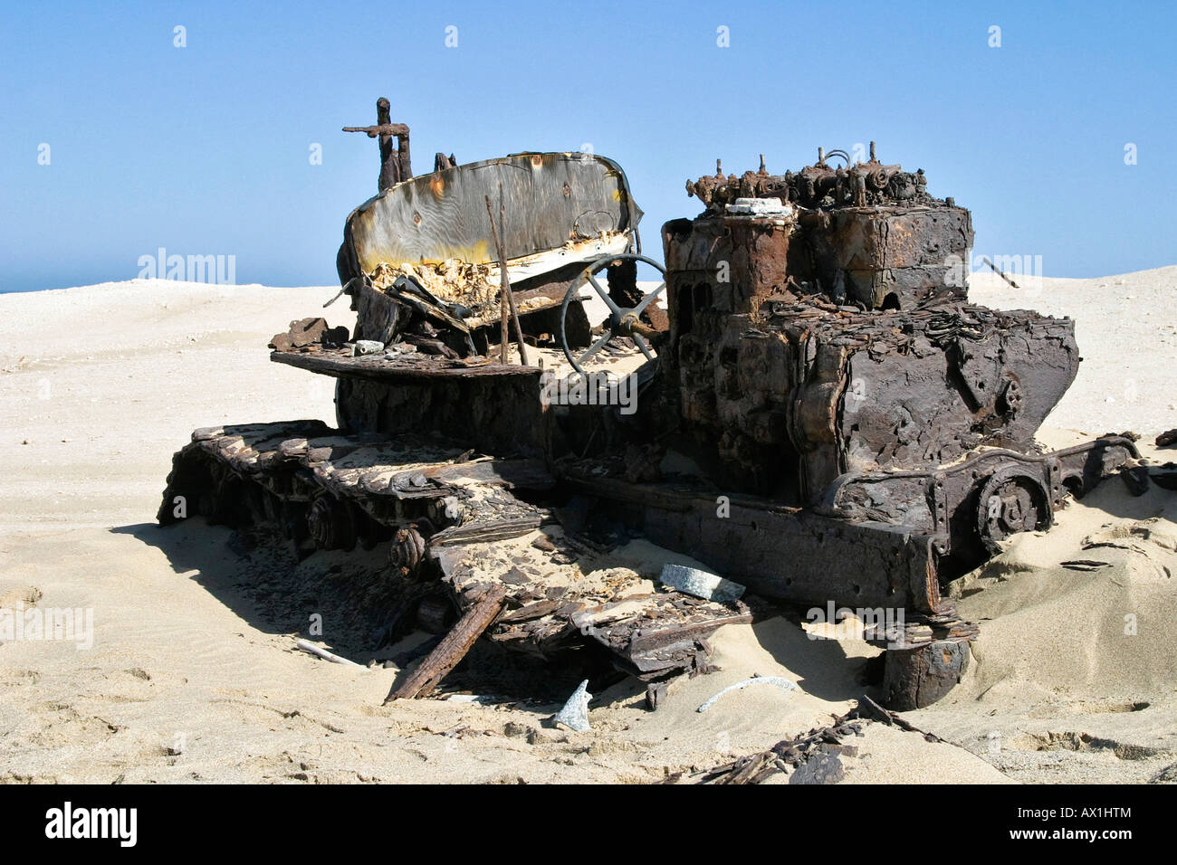 Old strong rusted track vehicle, diamond prohibited area, Saddlehill, Atlantic Ocean, Namibia, Africa Stock Photo