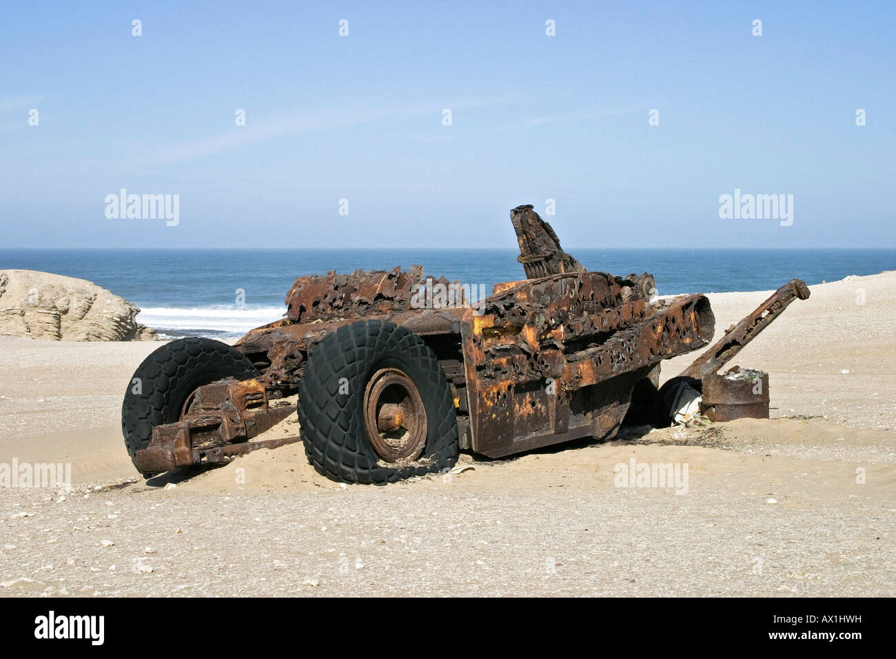 Old strong rusted vehicle for diamond searching, diamond prohibited area, Saddlehill, Atlantic Ocean, Namibia, Africa Stock Photo