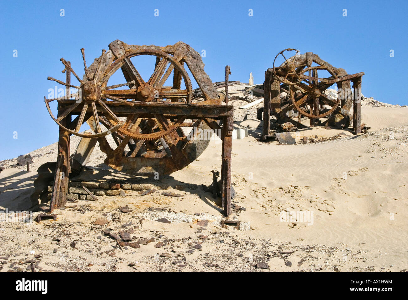 Old strong rusted parts for diamonds searching in sand, diamond prohibited area, Saddlehill, Namibia, Africa Stock Photo