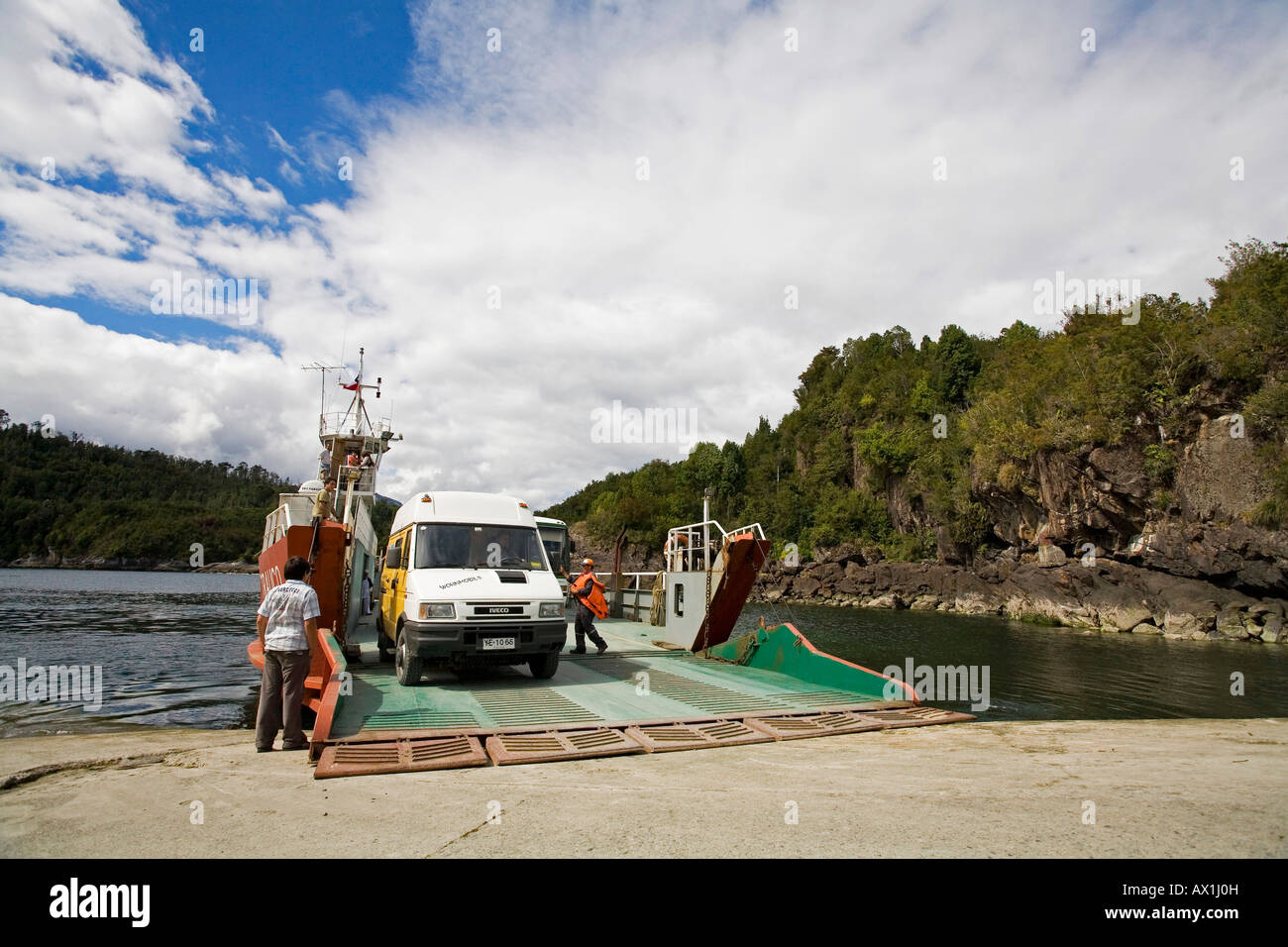 Car ferry from La Arena to Caleta Pulche at the Carretera Austral on the Pacific Ocean, Chile, South America Stock Photo