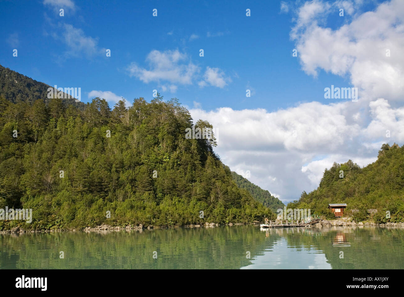 Landing stage Laguna Tempanos, glacier Ventisquero Colgante, Park Queulat, Carretera Austral, Patagonia, Chile, South America Stock Photo