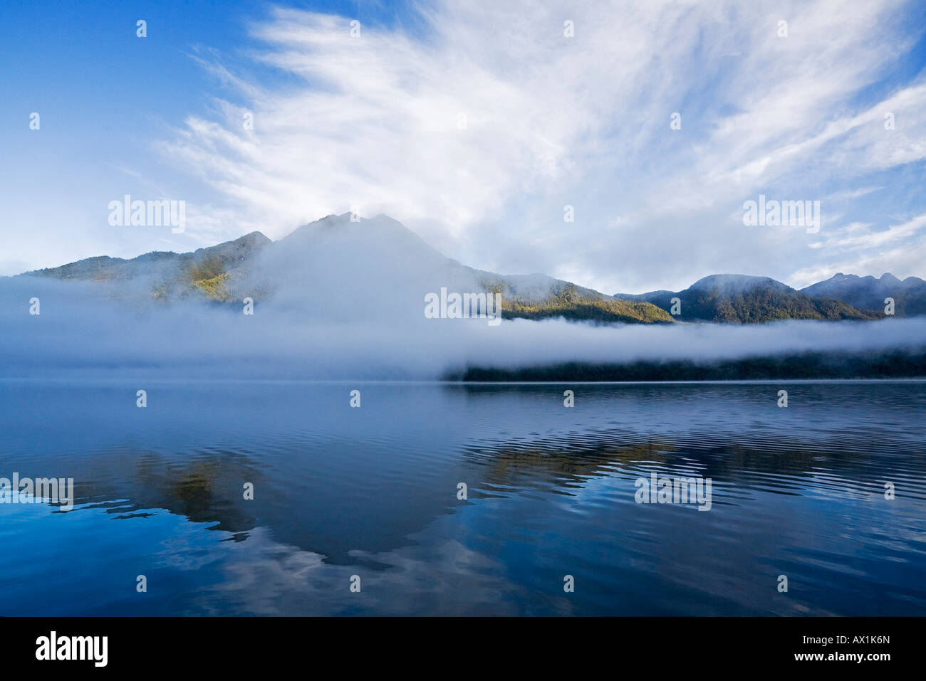 Foggy morning on Lago Blanca, Park Pumalin, Carretera Austral, Patagonia, Chile, South America Stock Photo