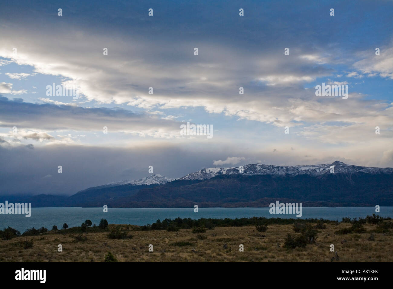 Sundown at lake Lago General Carrera (or Lago Buenos Aires at Argentinia), Patagonia, Chile, South America Stock Photo