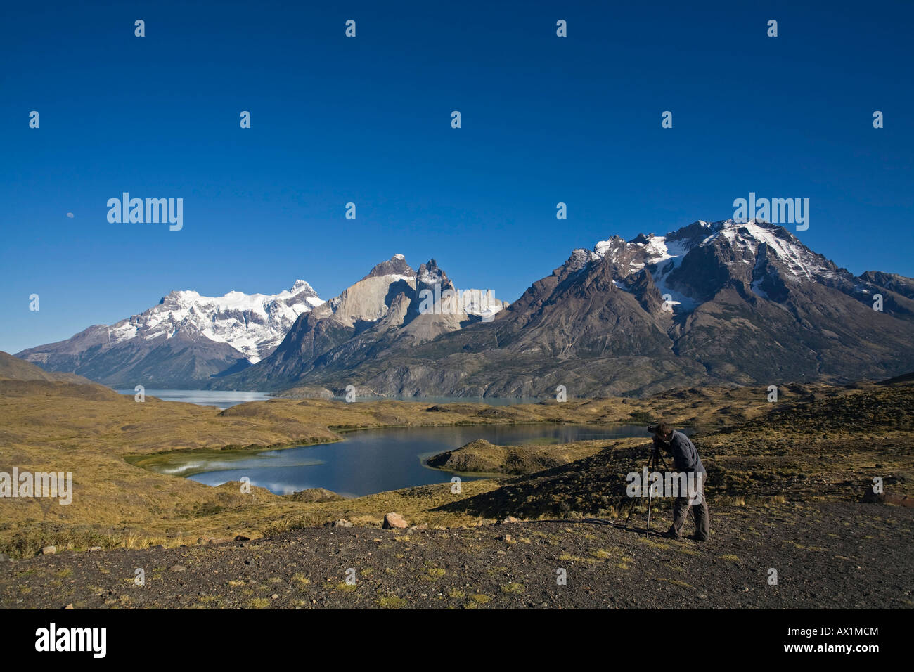 Photographer takes pictures from the see landscape at the Torres del Paine massif, national park Torres del Paine, Patagonien,  Stock Photo