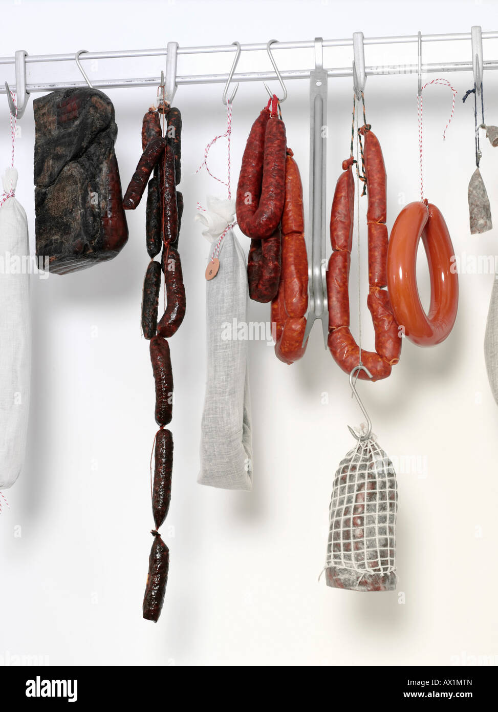Sausages hanging from a rack Stock Photo Alamy