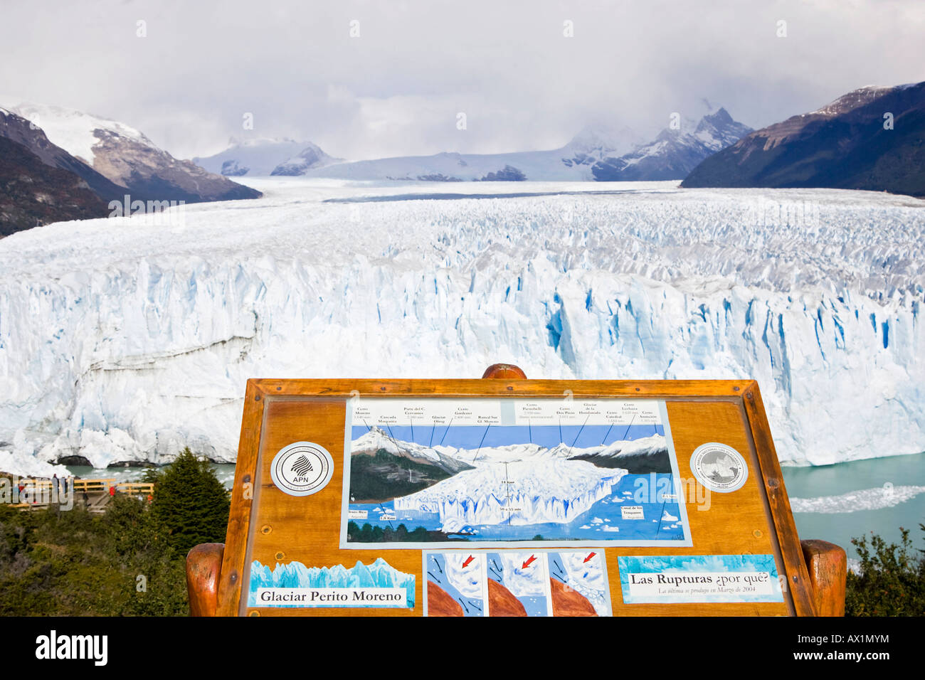 Information panel at the glacier Perito Moreno, National Park Los Glaciares, Argentina, Patagonia, South America Stock Photo
