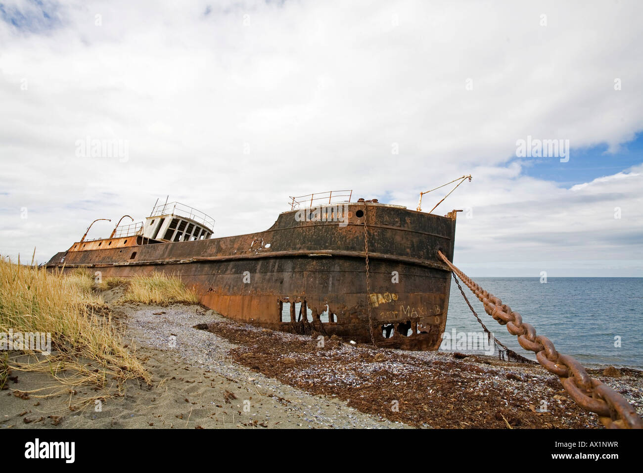 Ship wreck Vapor Amedeo, San Gregorio, Atlantic Ozean, Chile, Patagonia, South America Stock Photo
