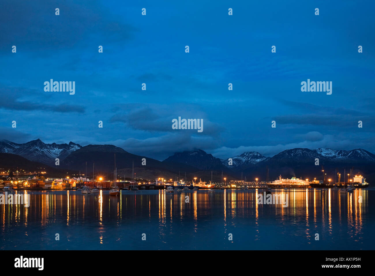 Skyline from Ushuaia, most southerly town of the world, at night, Tierra del Fuego, Argentina, South America Stock Photo