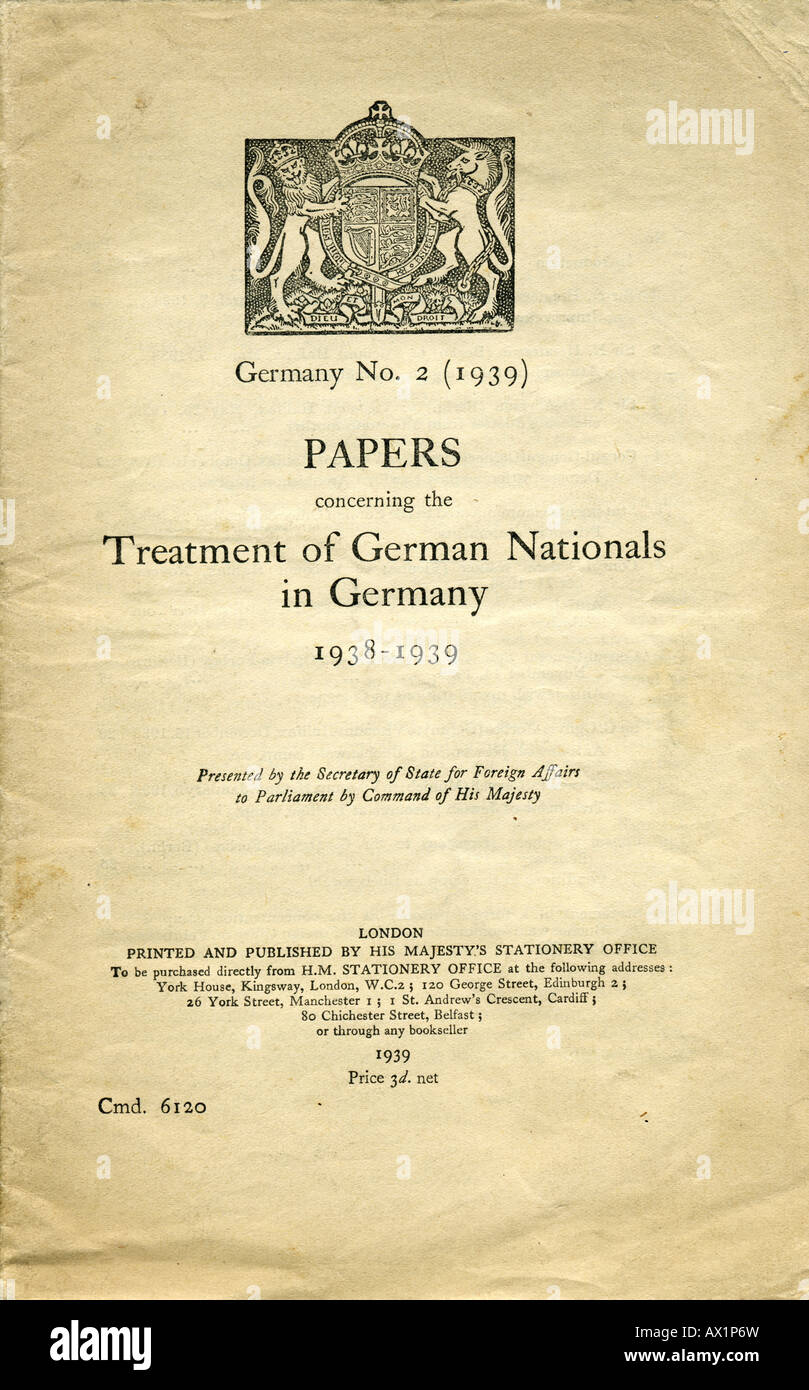 HMSO Paper 1939 Treatment of German Nationals in Germany 1938 - 1939 HM Government White Paper FOR EDITORIAL USE ONLY Stock Photo