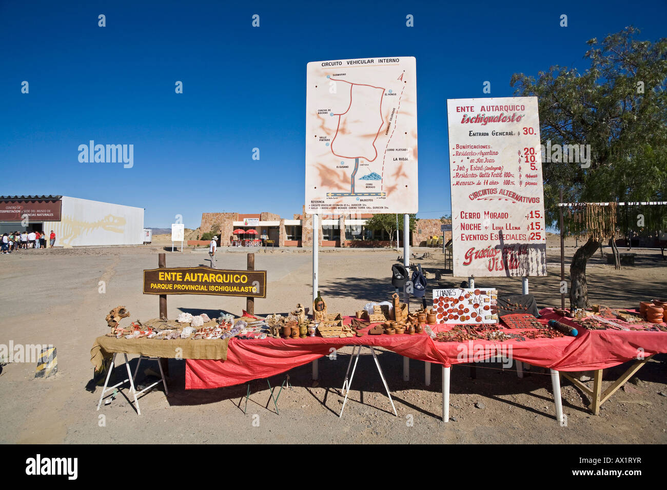 Sales booth and information panels at National Park Parque Provincial Ischigualasto, Central Andes, Argentina, South America Stock Photo