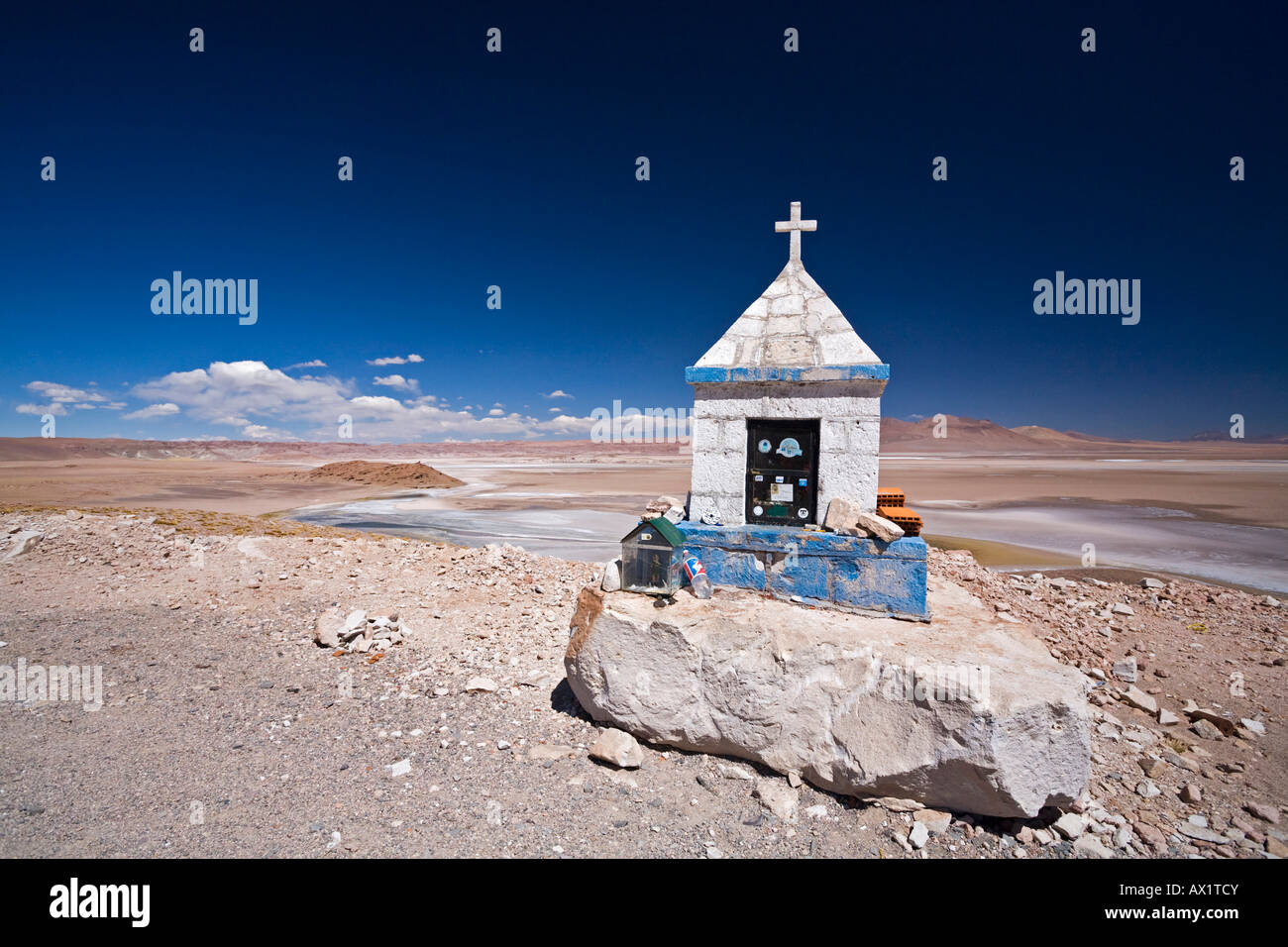 Chapel at a salt lake in the desert, Jama pass (Paso de Jama), Argentina, South America Stock Photo