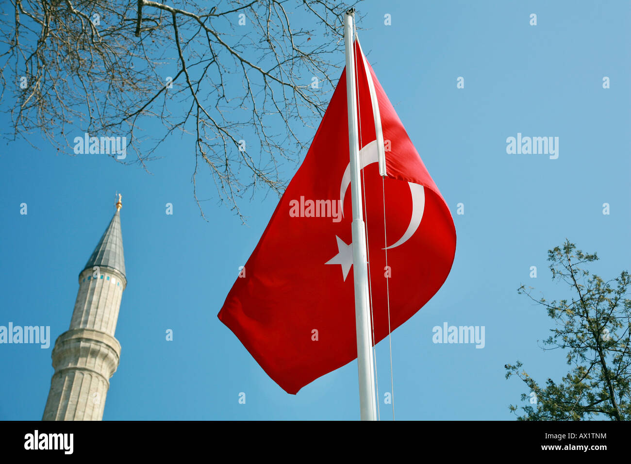 The Turkish flag flies in Istanbul the capital Stock Photo