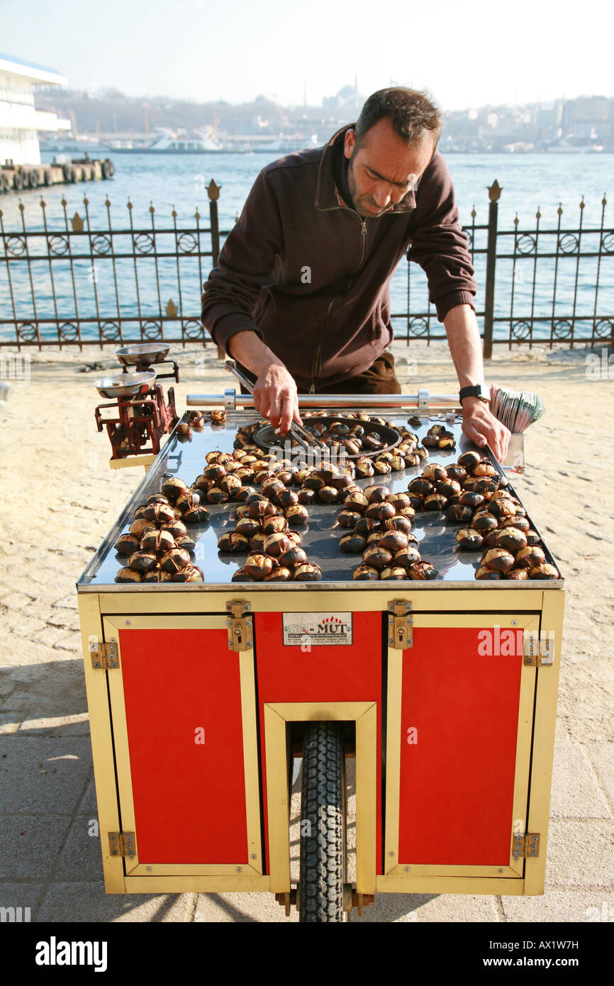 Vendor selling horse chestnuts in Istanbul Turkey Stock Photo