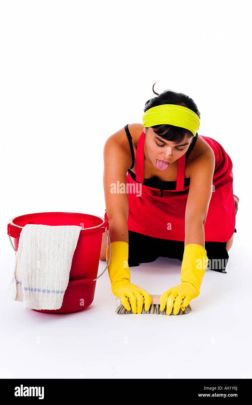 Woman is sick of cleaning Stock Photo