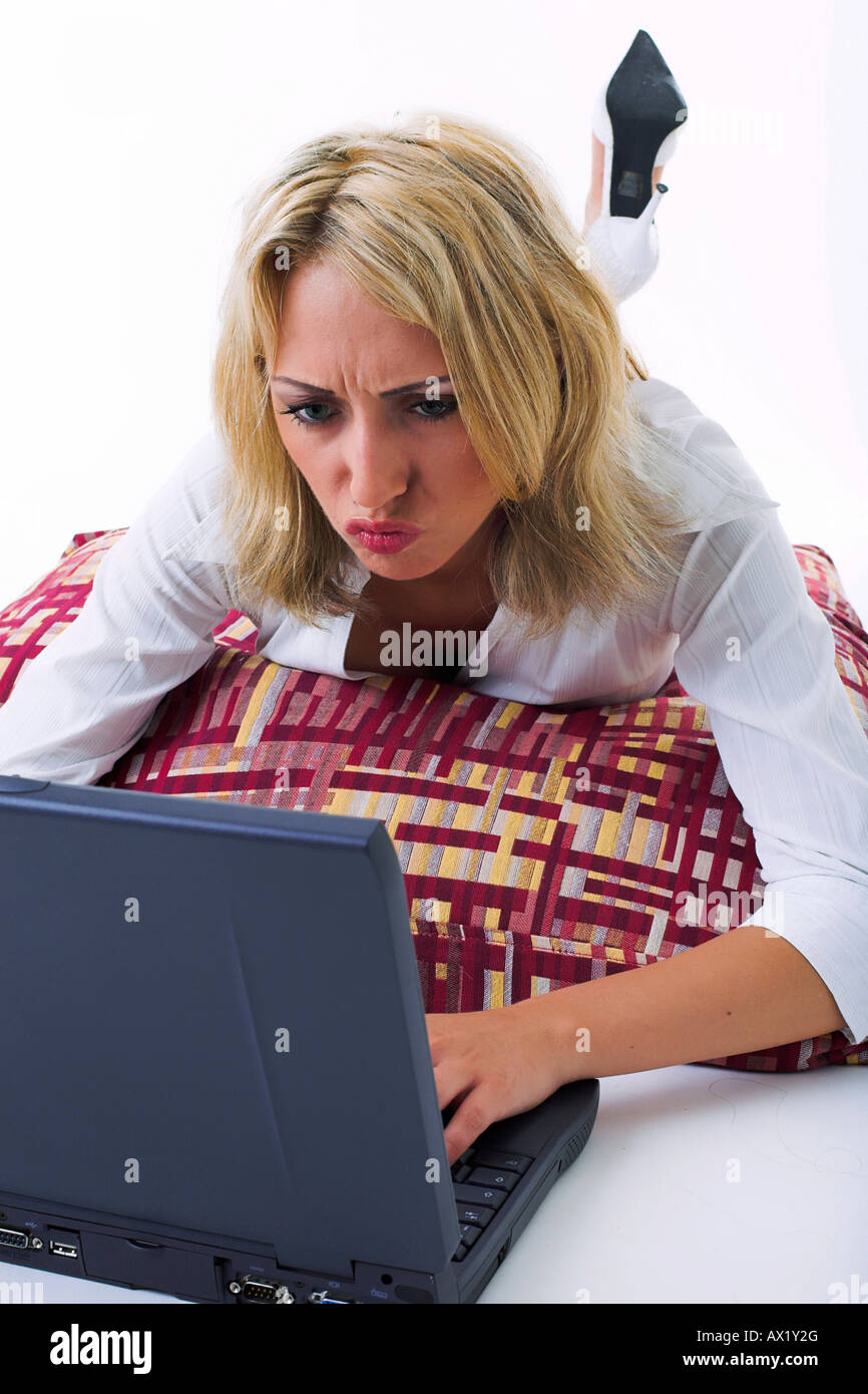 Woman Works With Laptop Stock Photo Alamy