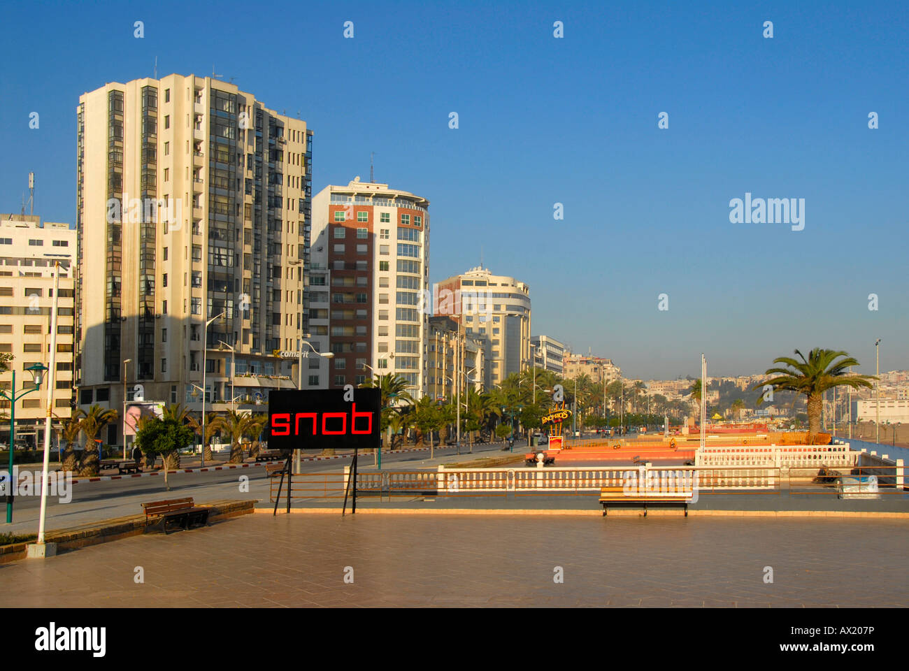 Modern buildings at the beach broadwalk Tangier Morocco Stock Photo