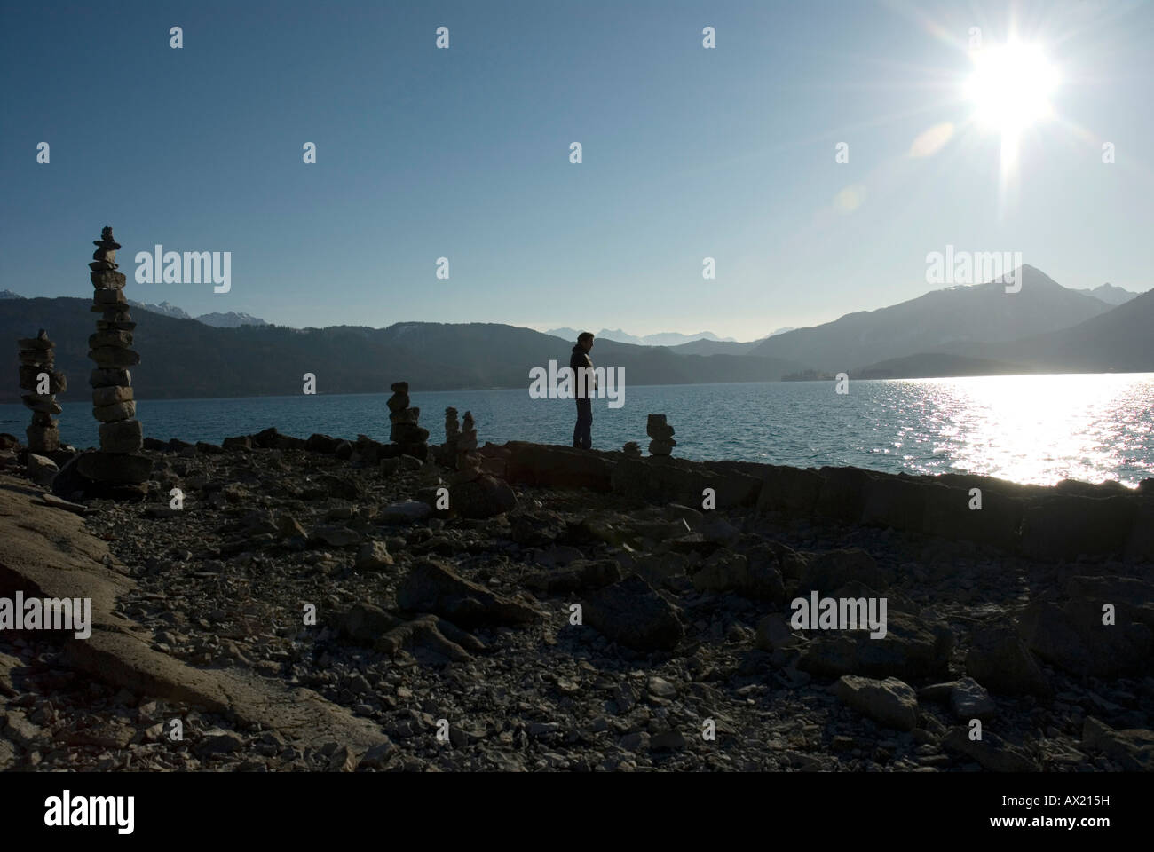 Stone men, Walchen Lake, Bavaria, Germany, Europe Stock Photo